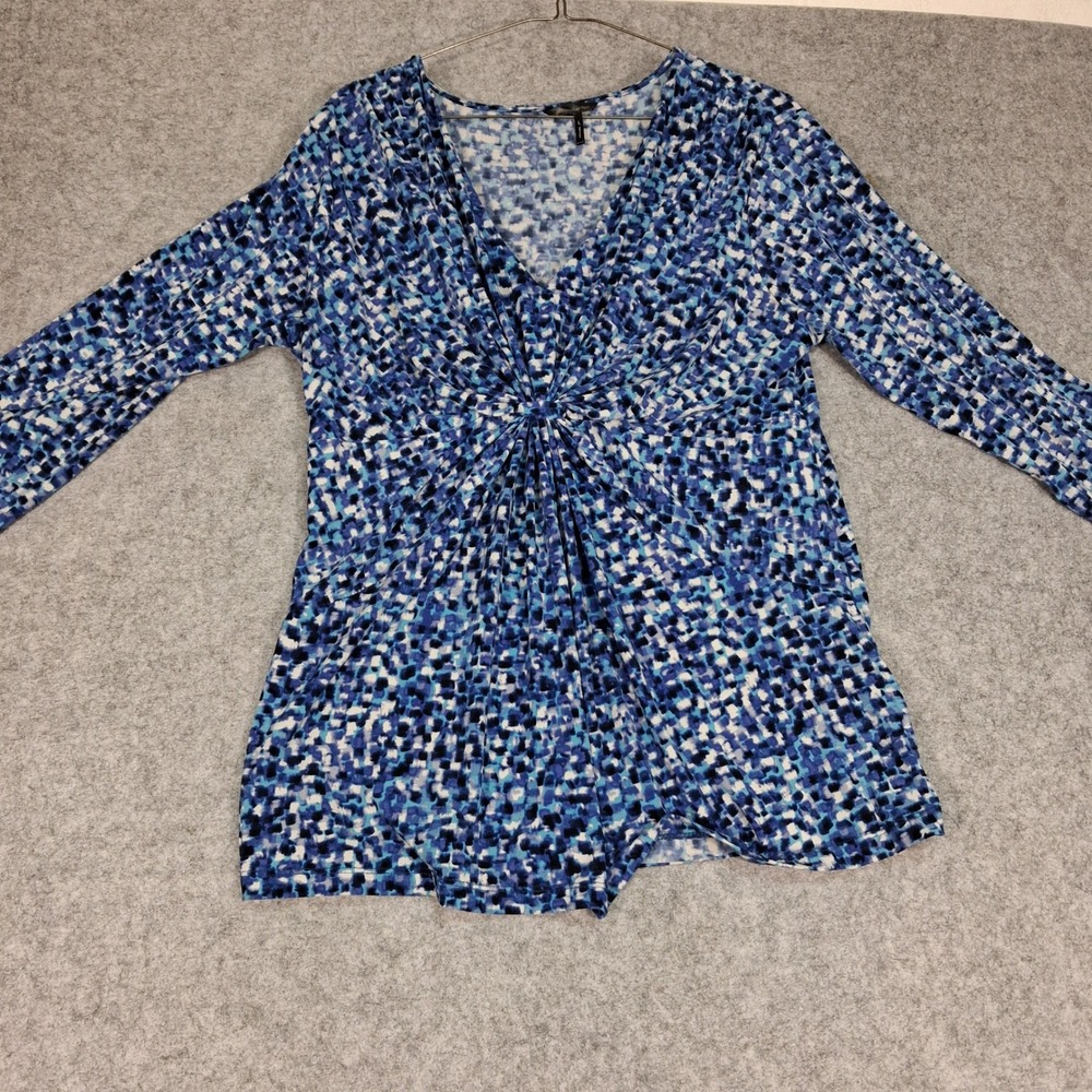 Daisy Fuentes Blouse Womens Large Blue Abstract Twist Front V-Neck 3/4 Sleeve